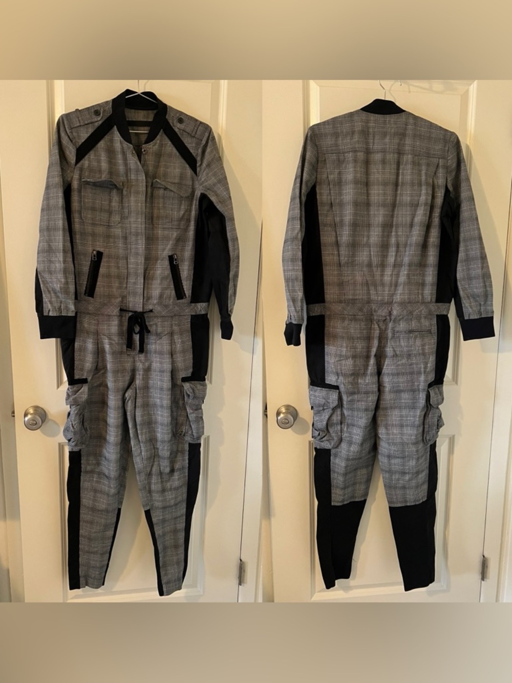 L.A.M.B Gwen Stefani Gray Plaid Utility Jumpsuit with Black Stretch Panels Sz 8